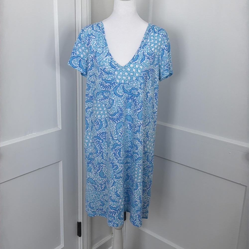 Lilly Pulitzer Dress Etta V-Neck Blue Goombay Grooves Pima Cotton Resort Beach